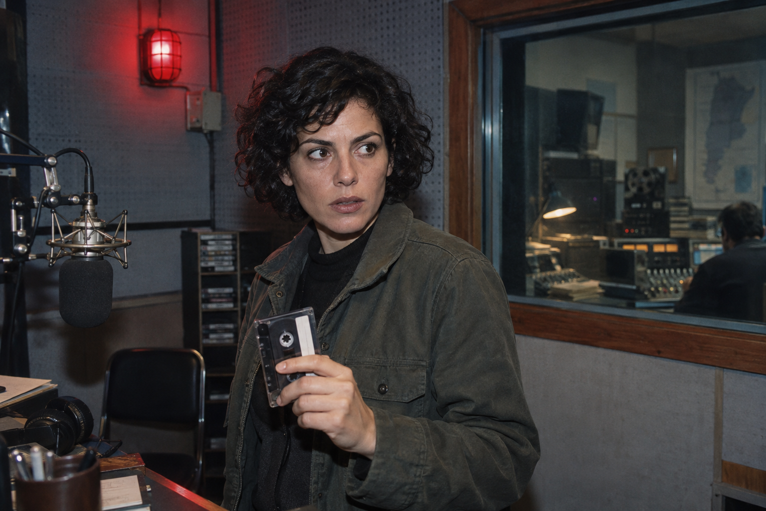Elena, una periodista ficticia, sostiene una cinta en una cabina de radio.